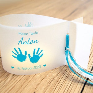 DIY: Light covers for baptism, baby hands personalized with name, date and baptismal message, set of 3, 6 or 9 hellblau/türkis