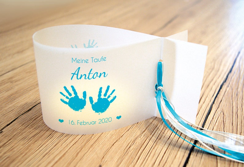 DIY: Light covers for baptism, baby hands personalized with name, date and baptismal message, set of 3, 6 or 9 hellblau/türkis