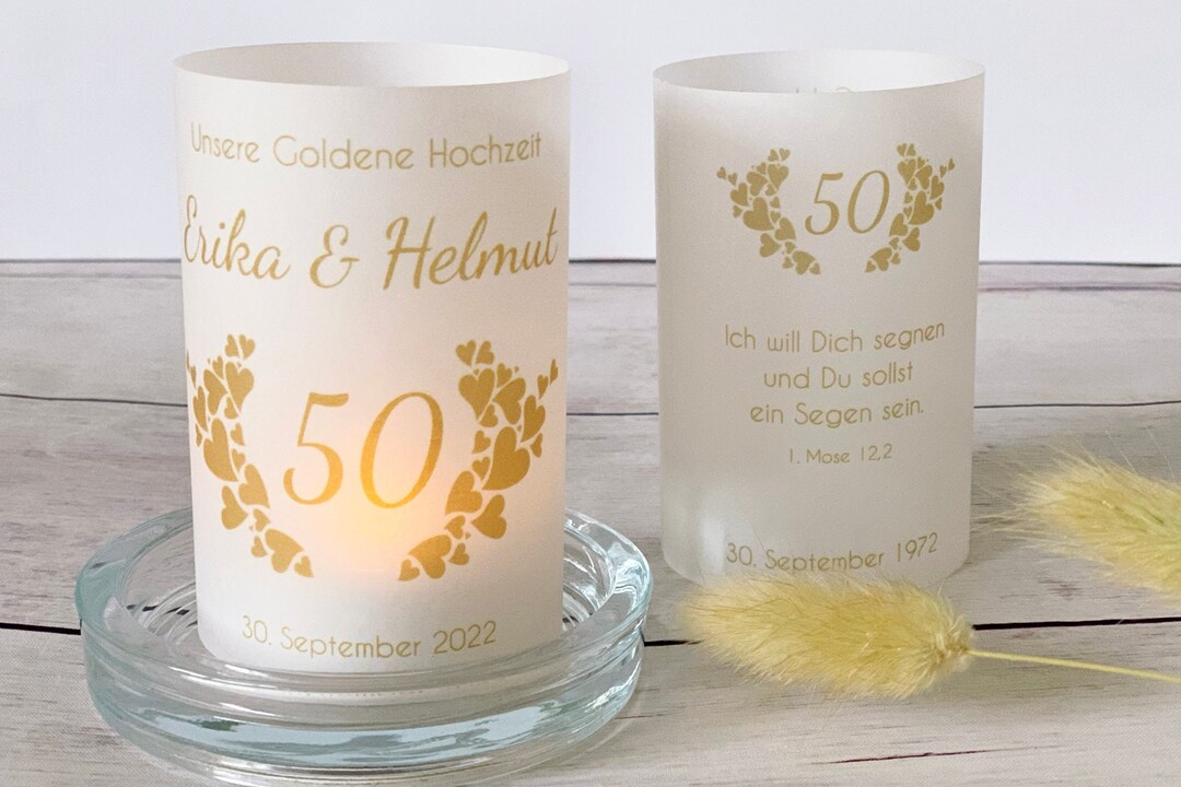 DIY Lichthülle, Windlicht zur Goldenen Hochzeit personalisiert mit