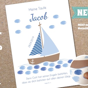 Digitaal bestand Vingerafdruk Gastposter Doop Communie, Zeilboot - gepersonaliseerd met naam, datum, doopspreuk