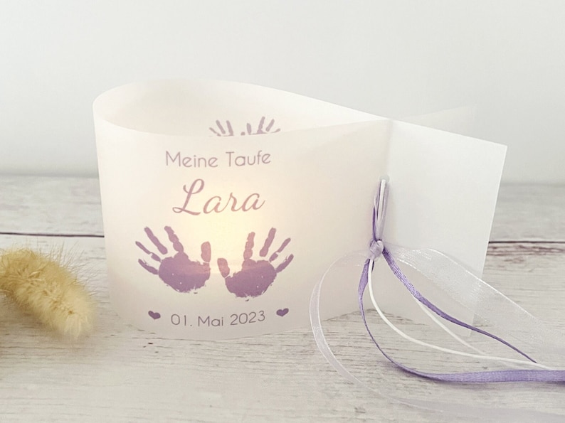 DIY: Lichthüllen zur Taufe, Babyhände personalisiert mit Name, Datum und Taufspruch, 3er, 6er, 9er Set Bild 3