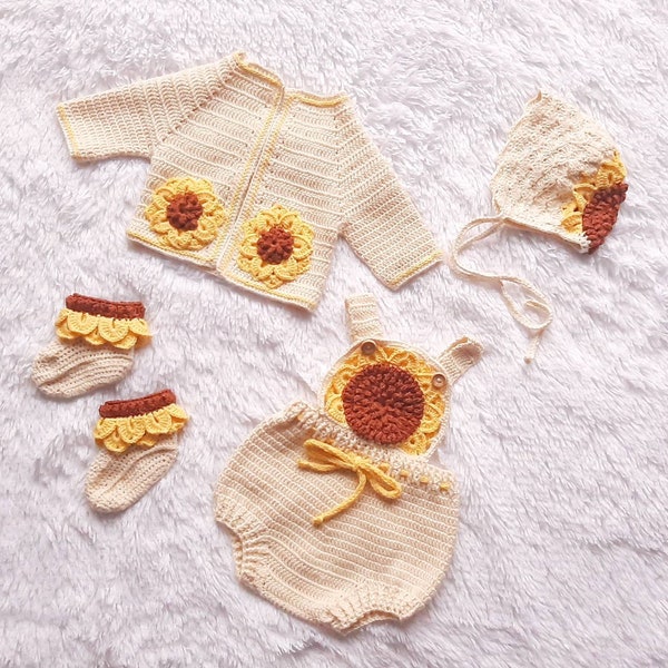 Organic cotton sunflower baby clothes set, sunflower cardigan, bloomers & bonnet