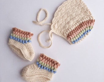 Rainbow baby announcement gift bonnet & booties, organic cotton baby clothes