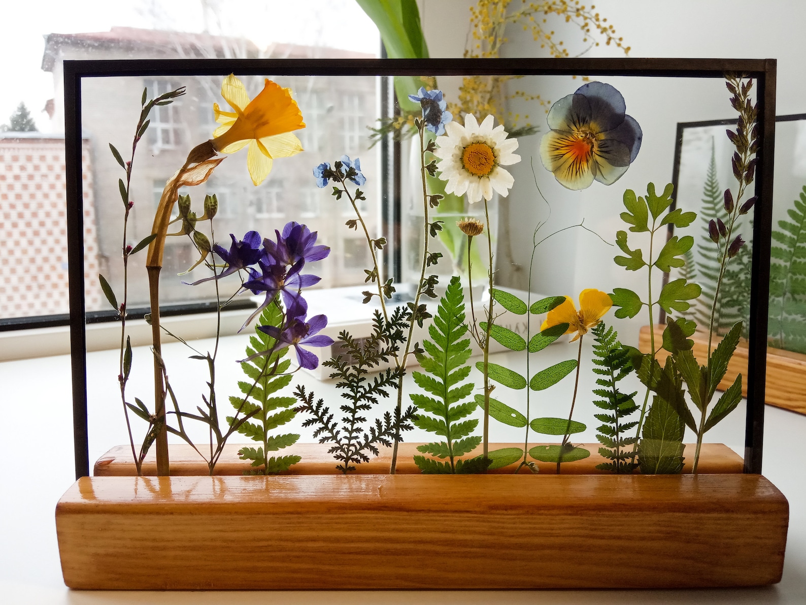 Pressed flowers table centerpiece Staned glass art frame with Etsy