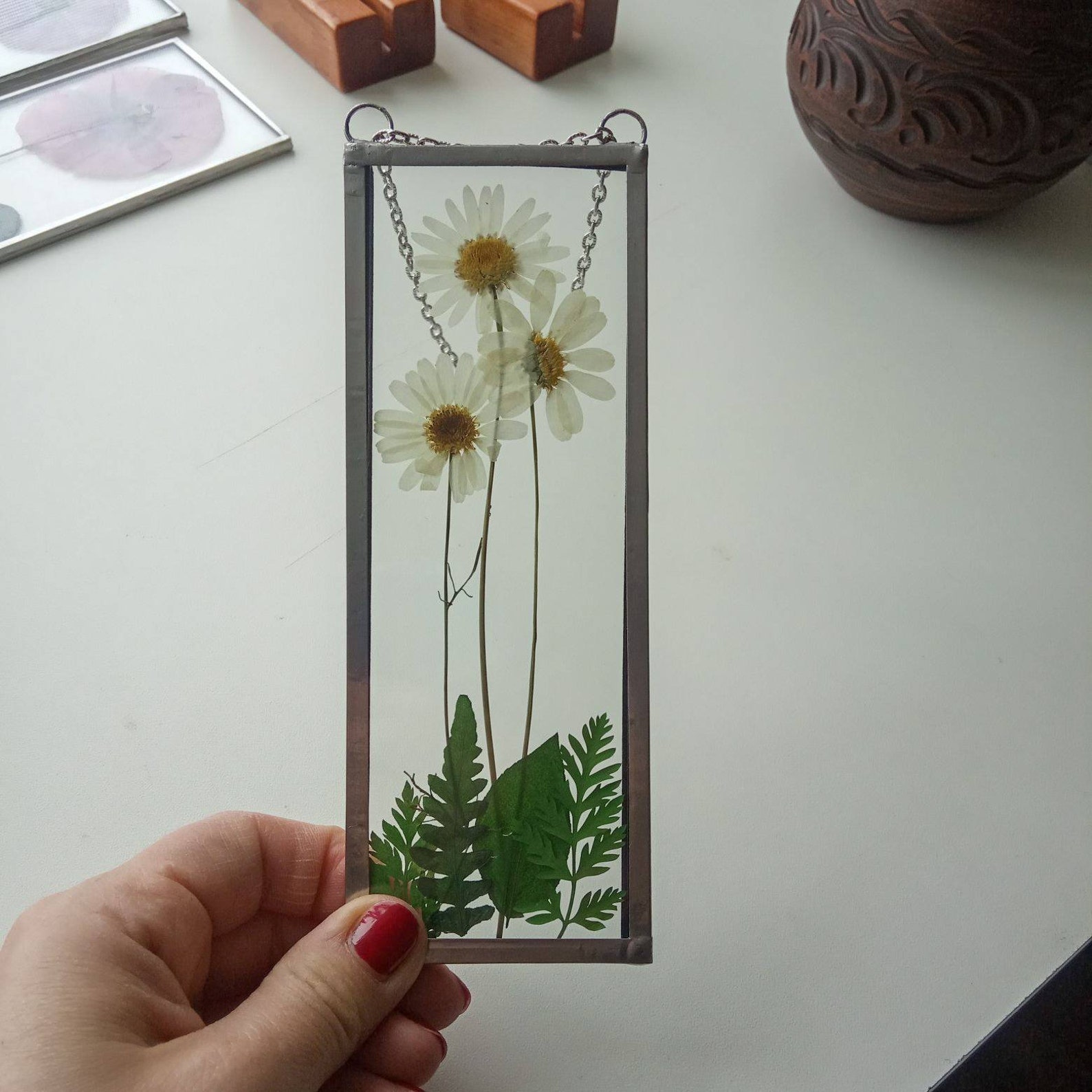 Stained glass art frame with pressed daisies Frame with Etsy