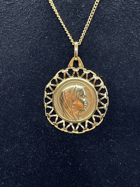 Médaille Religieuse Vintage En Or 18k - Double Face Vierge Marie - Collier Mi-long Occasion