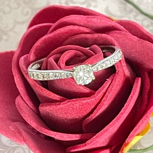 K&ouml;nnte beinhalten: Ein silberner Verlobungsring mit einem einzelnen runden Diamanten in einer Krappenfassung. Der Ring liegt auf einer roten Samtrose.