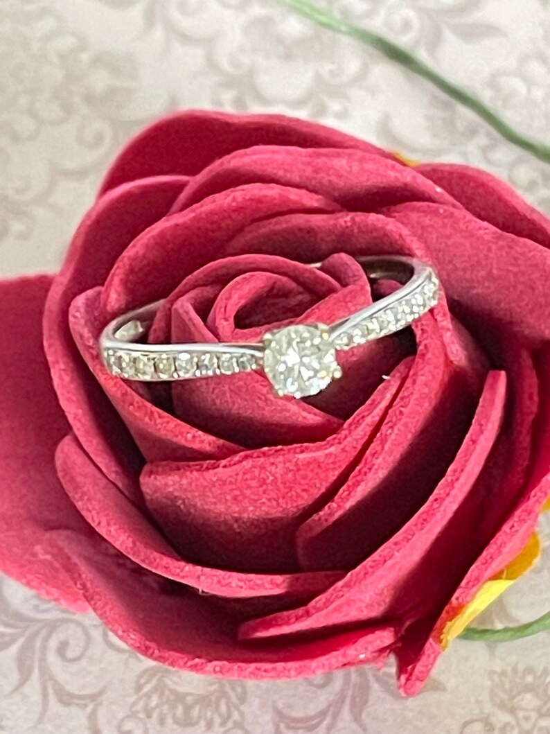 K&ouml;nnte beinhalten: Ein silberner Verlobungsring mit einem einzelnen runden Diamanten in einer Krappenfassung. Der Ring liegt auf einer roten Samtrose.