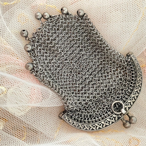 Antique French purse in solid silver mesh