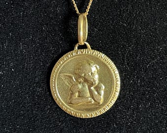 Vintage charm medal featuring a cherubic angel named Raphael in 18k gold