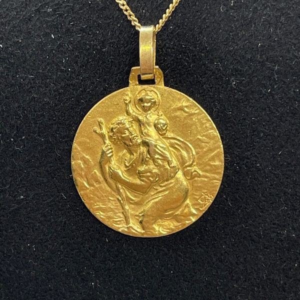 Magnifique médaille vintage de saint Christophe et l'enfant Jésus en or jaune 18k