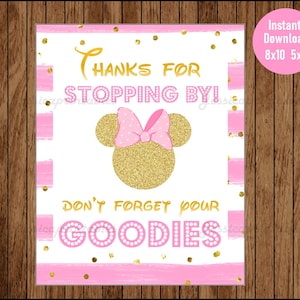 Minnie Mouse com glitter rosa e dourado para impressão 5x7 e 8x10 Placa &quot;Não esqueça seus brindes&quot; Download instantâneo