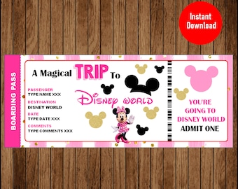 Surprise Trip Ticket to DisneyWorld, Minnie Boarding Pass, Editable File, Personalize instant download