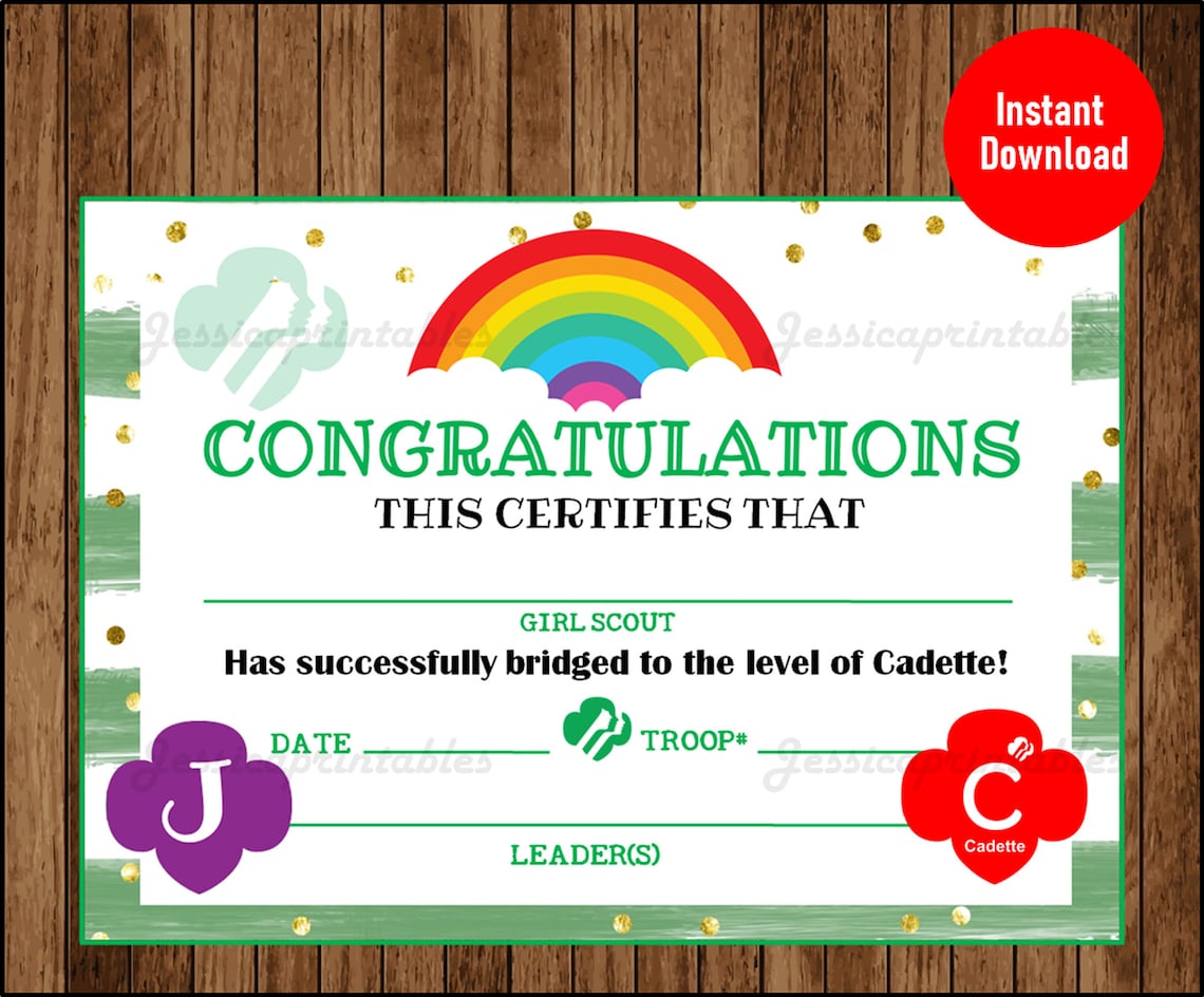 Printable Junior to Cadette Certificate Printable Girl Scout Etsy