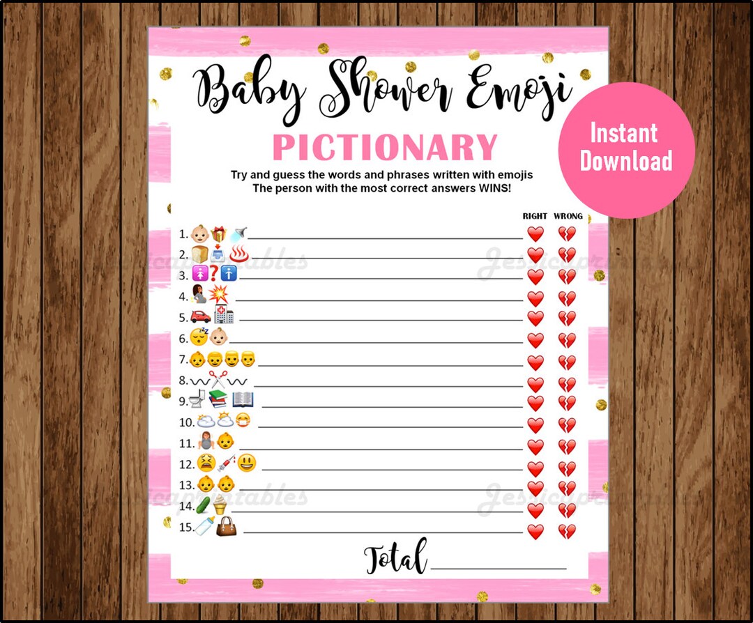 Baby Shower Game Pictionary, EMOJI Pictionary, Pink and Gold, Instant ...
