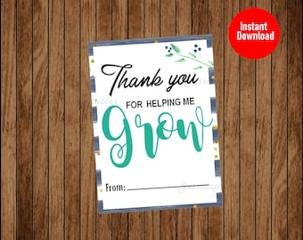 Thank You For Helping Me Grow Leaf Plants Nature Pun School Teacher Gifts Plant Puns Thanks, Digital Printable Gift Tags