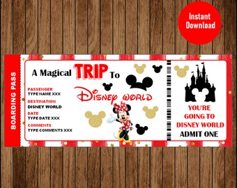 Surprise Trip Ticket to DisneyWorld, Minnie Boarding Pass, Editable File, Personalize instant download