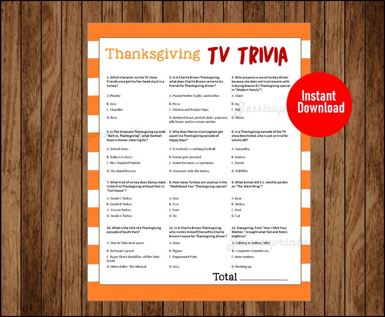 Thanksgiving TV Trivia Printable Game Thanksgiving Games TV Etsy