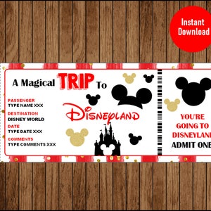 Biglietto di viaggio a sorpresa per DisneyLand, carta d'imbarco, file modificabile, personalizza download istantaneo