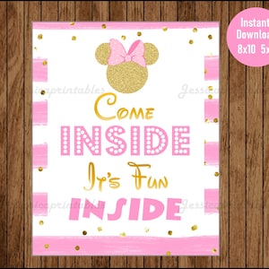 Placa de Minnie Mouse com glitter rosa e dourado para impressão 5x7 e 8x10, entre em contato conosco, download instantâneo