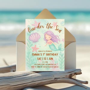 One-der the Sea • Uitnodiging voor eerste verjaardag • Uitnodiging strandbabyshower • Verjaardag zeemeermin • Bewerkbare canvassjabloon