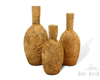 Set of 3 vases, clay, 45 cm, 40 cm, 35 cm, Bali terracotta, handmade, antique design, large vase set, decorative vases, brown, beige, unique, rustic clay vases
