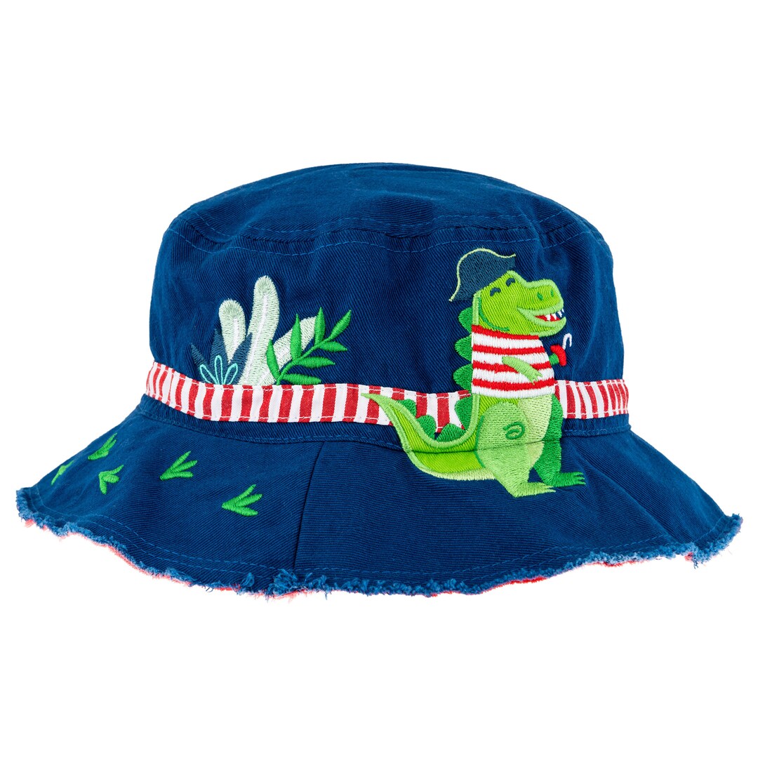 Children's Sun Hat With Name, Personalized Hat, Blue Bucket Hat, Dino