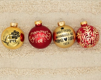 Boules de Noël personnalisées dorées avec noms, boules de sapin de Noël étiquetées individuellement, boules brillantes et mates 6 cm