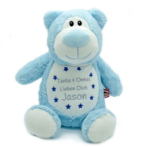 Personalisiertes Teddy Plüschtier, Kuscheltier Hellblauer Teddybär, Unikat Teddy mit Namen, Geburtsdaten Teddybär, Einzigartiges Plüschtier