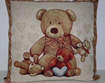 Zierkissen Hülle Motiv Teddybären und Herzen edler Gobelinstoff Rückseite passender schwarzer Canvasstoff