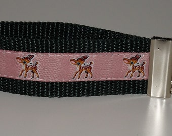 Fawn lanyard pink brown on dark green webbing deer keychain