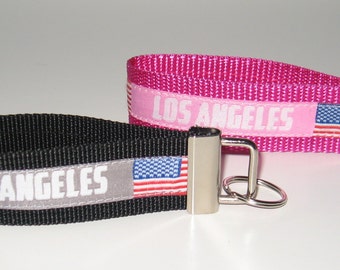 Lanyard Los Angeles Hollywood with USA flag pink or gray woven ribbon