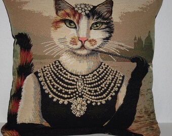 Housse de coussin décorative, portrait de chat, dame, tapisserie noble, tissu, meilleur ami, animal, chat, dos de coussin, toile noire
