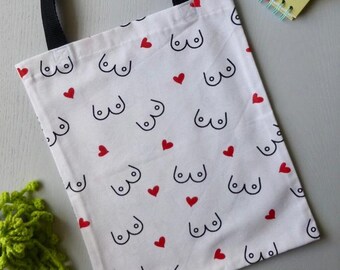 Handmade Canvas Tote Bag - Boobies and Heart with Black Handle