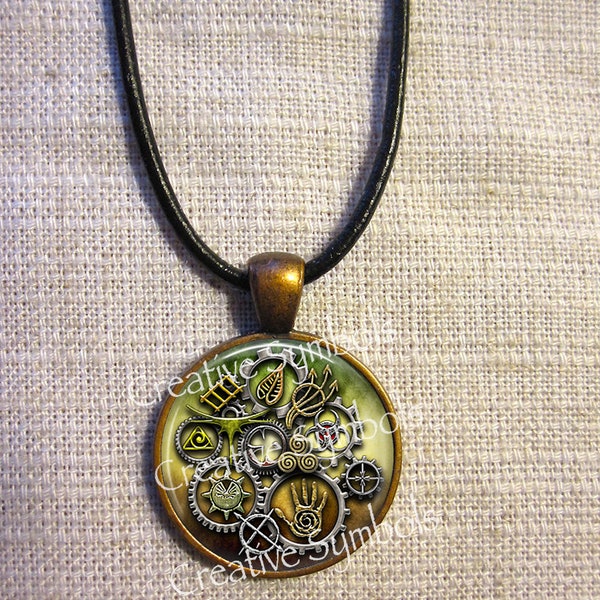 Twelve Clans of the 100 symbols in Steampunk inspired pendant