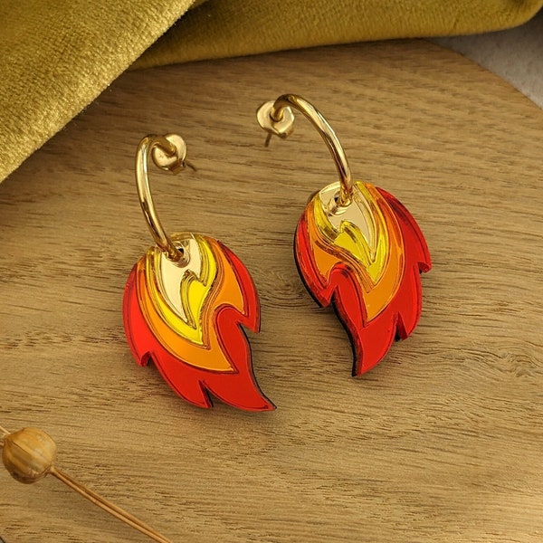 PRE ORDER Flame Hoop Earrings, fire, valentines gift, mirror acrylic, laser cut, contemporary jewellery, handmade
