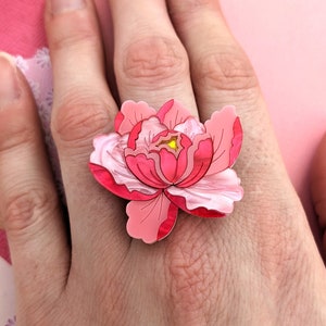 Ring Peony Bright Pink, vibrant, statement, Japanese inspired, floral, flower acrylic, laser cut, handmade, gift, Perspex