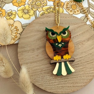 PRE ORDER Necklace Owl, 'Forest', Pendant, laser cut, gift, gold, Perspex, woodland, retro, vintage inspired, folk art, wooden, bird