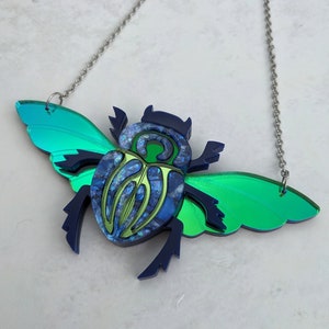 Scarab Beetle Necklace Green/Blue, in house recycled acrylic, bug, beetle, insect, iridescent, nature, handmade, gift