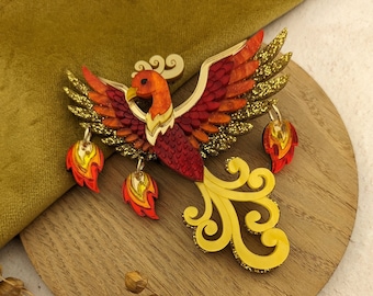 PRE ORDER Phoenix Brooch (flames or no flames), fire, fantasy, magical, firebird, laser cut, bird, handmade, mythical creature, gift