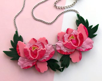 PRE ORDER Necklace Bright Pink Peony, Statement, vibrant, Japanese inspired, floral, flower, jewellery, jewelry, mothers day, valentines