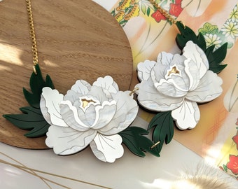 PRE ORDER Necklace White Peony Statement, floral, flower, Japanese inspired, contemporary, wood, acrylic, laser cut, wedding, bridal