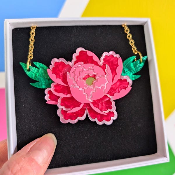 3 Colours! Small Floral Necklace With Leaves, PRE ORDER, peony, intricate, gift, mothers day, peony jewellery, acrylic jewellery, laser cut