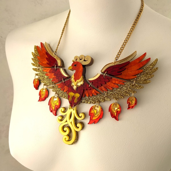 PRE ORDER Statement Rise Of The Phoenix Necklace (3 tail colours), bird, fantasy, firebird, mythical creature, flames, fire, handmade