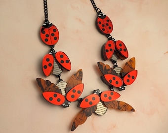 PRE ORDER Necklace Statement Ladybird Mirror Red, insect, ladybug, laser cut, faux tortoiseshell