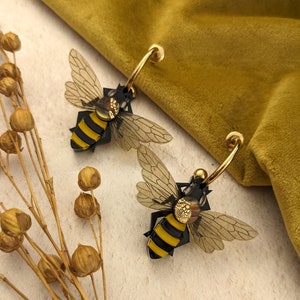 PRE ORDER Earrings Single Honey Bee Hoops, featuring in house recycled acrylic, gold, yellow, laser cut, handmade, nature, bugs, insect