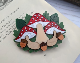 Brooch Woodland Toadstool, red, acorns, oak leaves, alice in wonderland, fairy tale, mushrooms, laser cut, wood, perspex, leaves