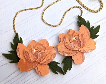 Necklace Apricot Peony, Statement, vibrant, Japanese inspired, floral, flower, jewellery, jewelry, mothers day, valentines