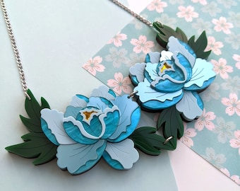 PRE ORDER Necklace Teal Peony Statement, floral, flower, Japanese inspired, contemporary, wood, acrylic, laser cut, perspex, plastic