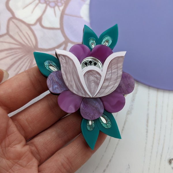 Brooch Folk Floral, purple, laser cut, Perspex, flower, teal, vintage style, retro, acrylic brooch, silver, winter, hand made